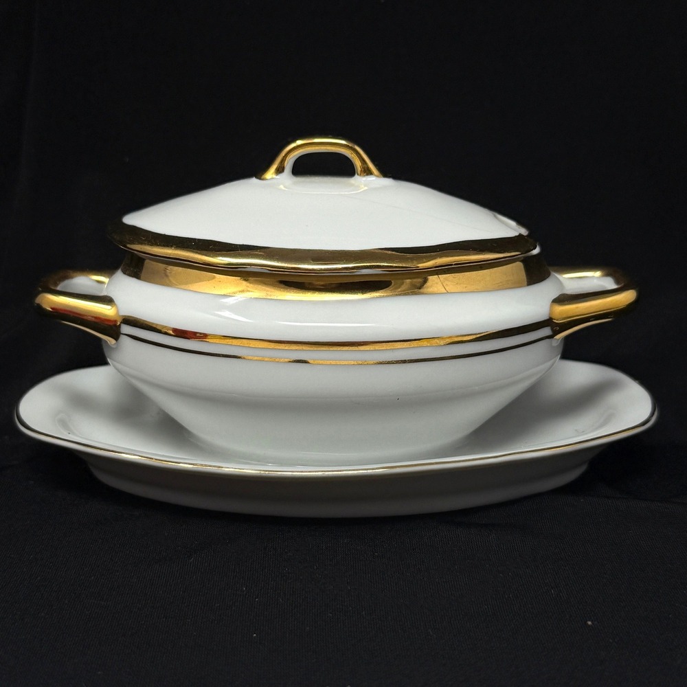 Royal Crown Sugar Bowl Tureen Gravy Boat Style White Gold Accent 525‎ Mini 5.25"